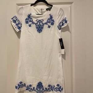 Lulus Shift Dress Womens Small Tale to Tell Embroidered Shift Blue Ivory Mini